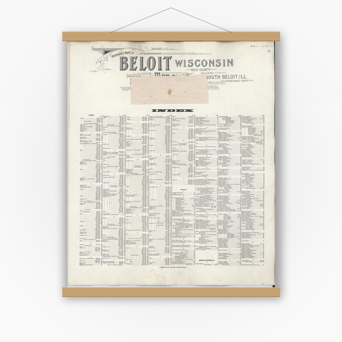 Old map wall art mockup — magnetic wood frame on white wall — Sanborn Fire Insurance Map from Beloit, Rock County, Wisconsin (1950), Sheet #0001