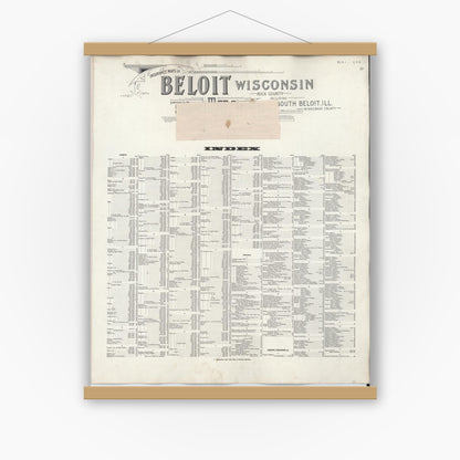 Old map wall art mockup — magnetic wood frame on white wall — Sanborn Fire Insurance Map from Beloit, Rock County, Wisconsin (1950), Sheet #0001