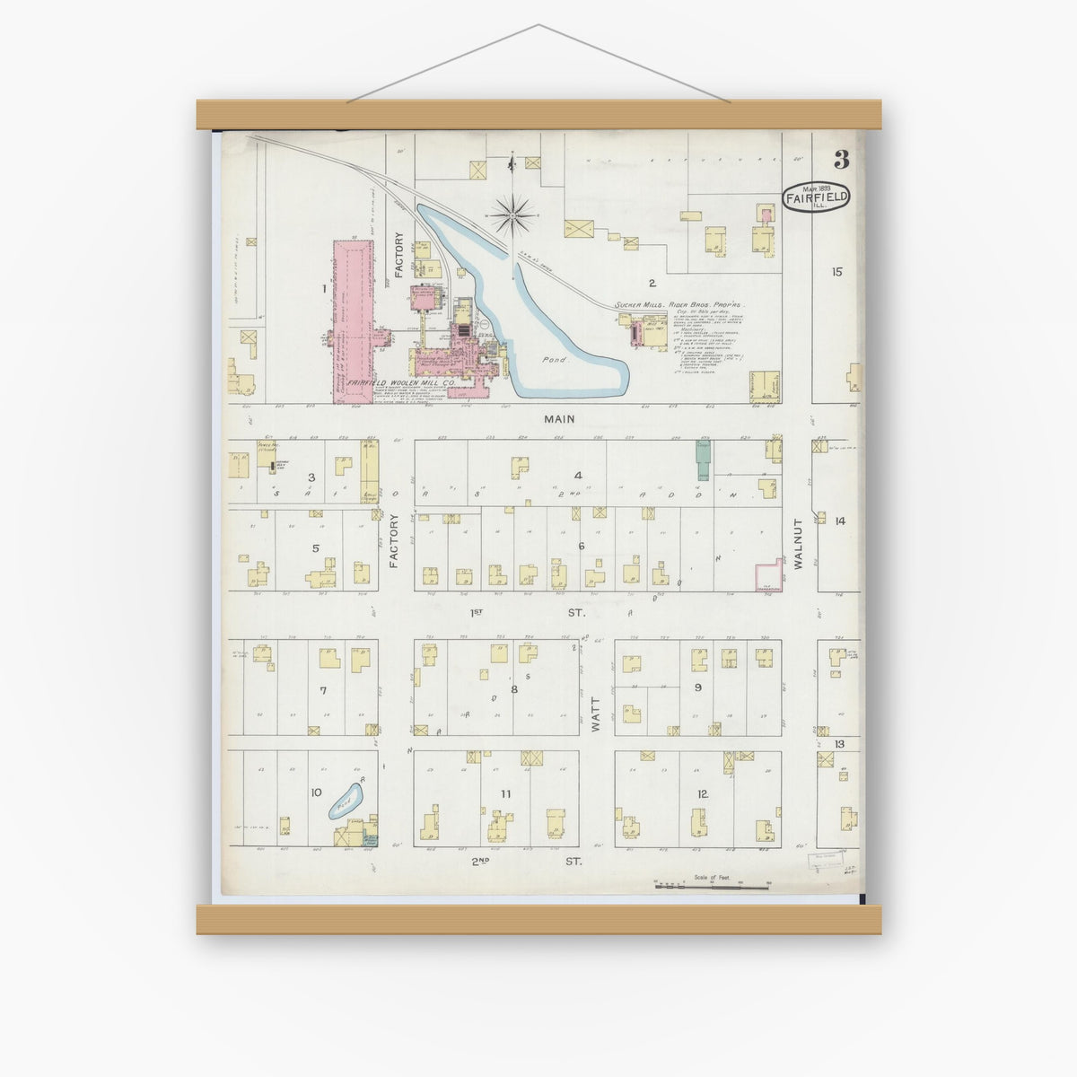 Old map wall art mockup — magnetic wood frame on white wall — Sanborn Fire Insurance Map from Fairfield, Wayne County, Illinois (1893), Sheet #0003
