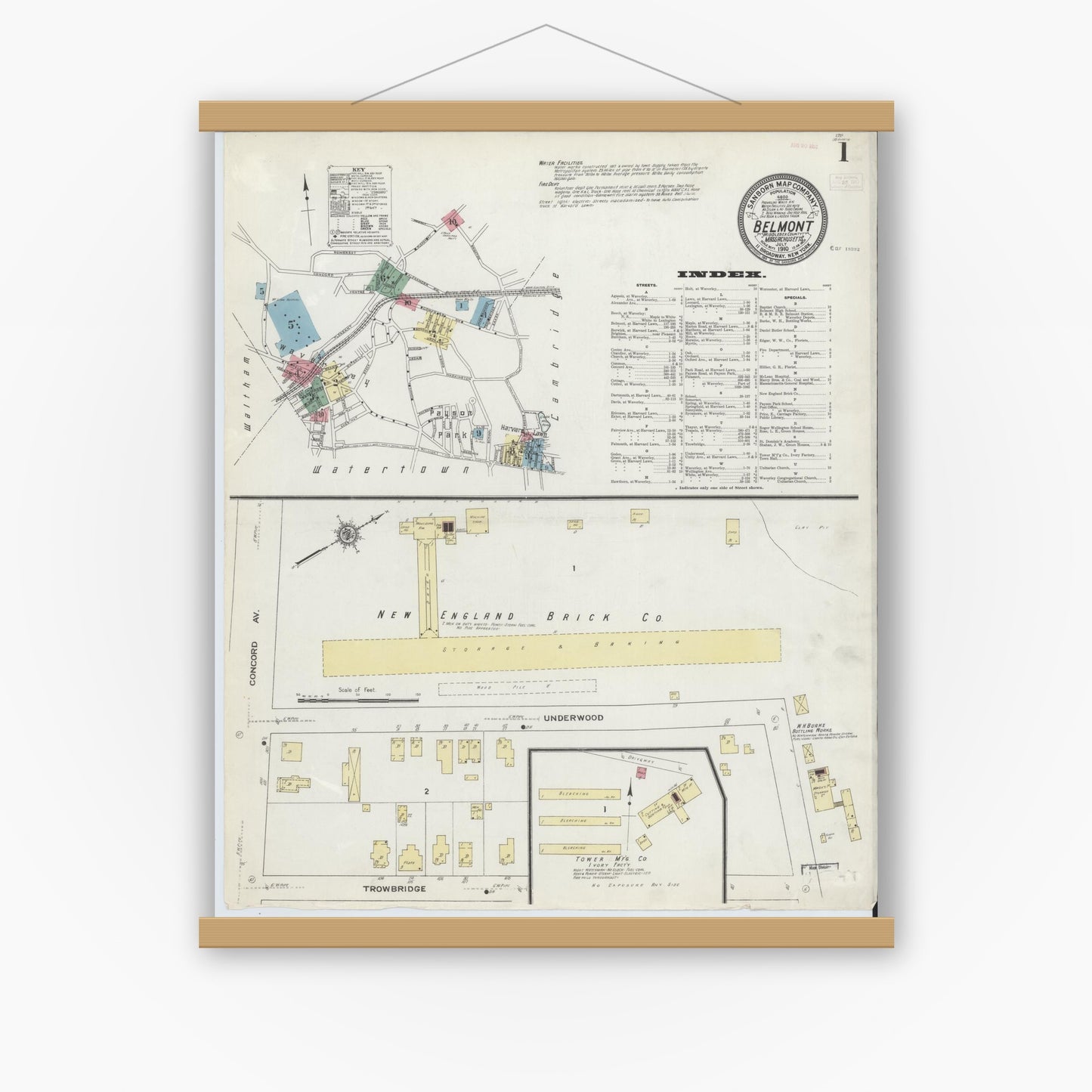 Old map wall art mockup — magnetic wood frame on white wall — Sanborn Fire Insurance Map from Belmont, Middlesex County, Massachusetts (1910), Sheet #0001