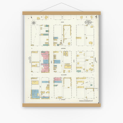 Old map wall art mockup — magnetic wood frame on white wall — Sanborn Fire Insurance Map from Childress, Childress County, Texas (1907), Sheet #0004