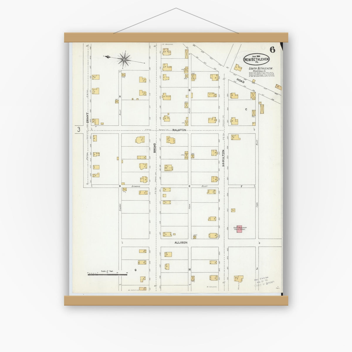 Old map wall art mockup — magnetic wood frame on white wall — Sanborn Fire Insurance Map from New Bethlehem, Clarion County, Pennsylvania (1904), Sheet #0006