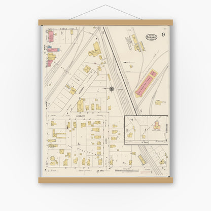 Old map wall art mockup — magnetic wood frame on white wall — Sanborn Fire Insurance Map from Durand, Shiawassee County, Michigan (1922), Sheet #0009