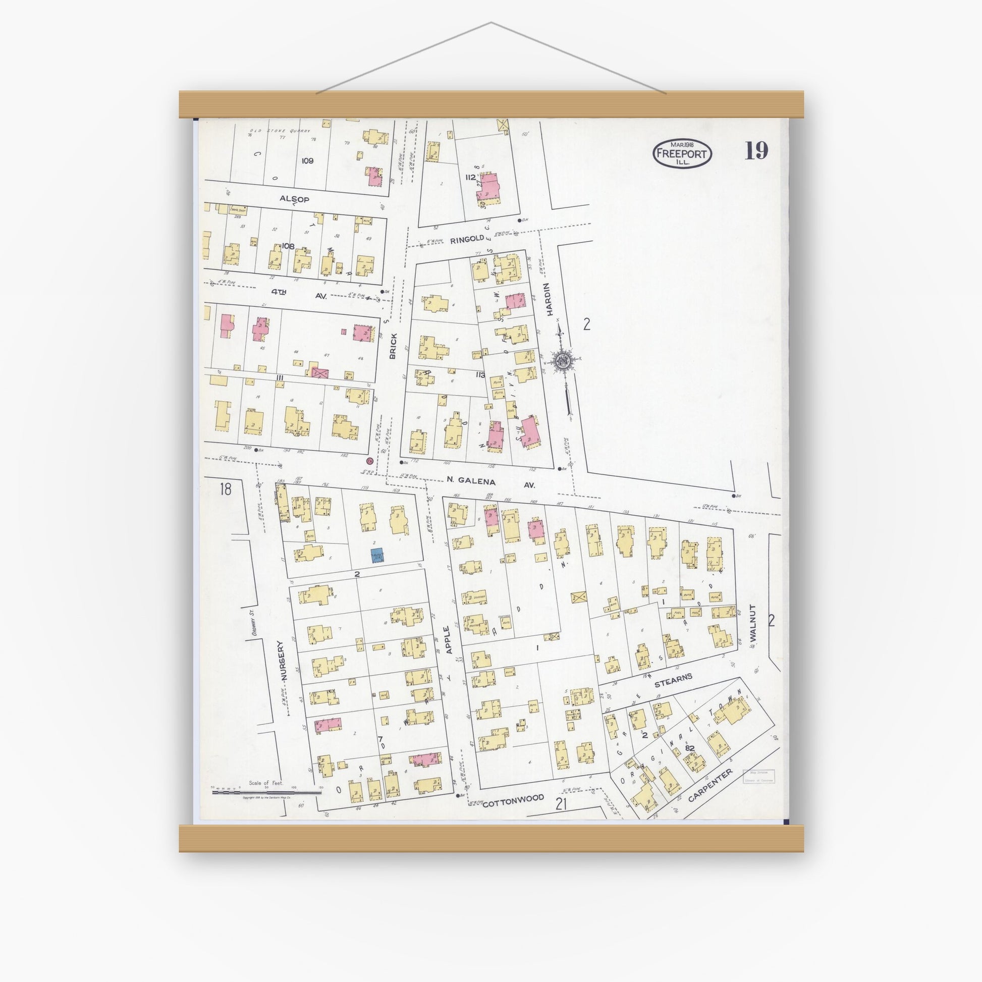 Old map wall art mockup — magnetic wood frame on white wall — Sanborn Fire Insurance Map from Freeport, Stephenson County, Illinois (1918), Sheet #0019