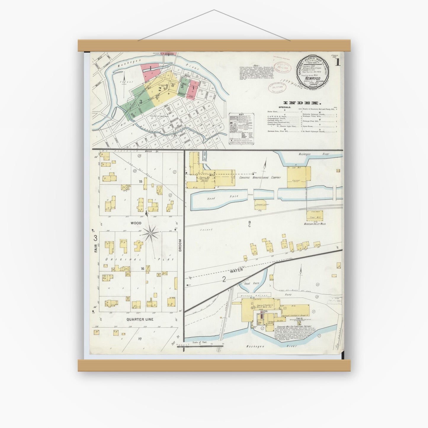 Old map wall art mockup — magnetic wood frame on white wall — Sanborn Fire Insurance Map from Newaygo, Newaygo County, Michigan (1899) - Complete Map Set