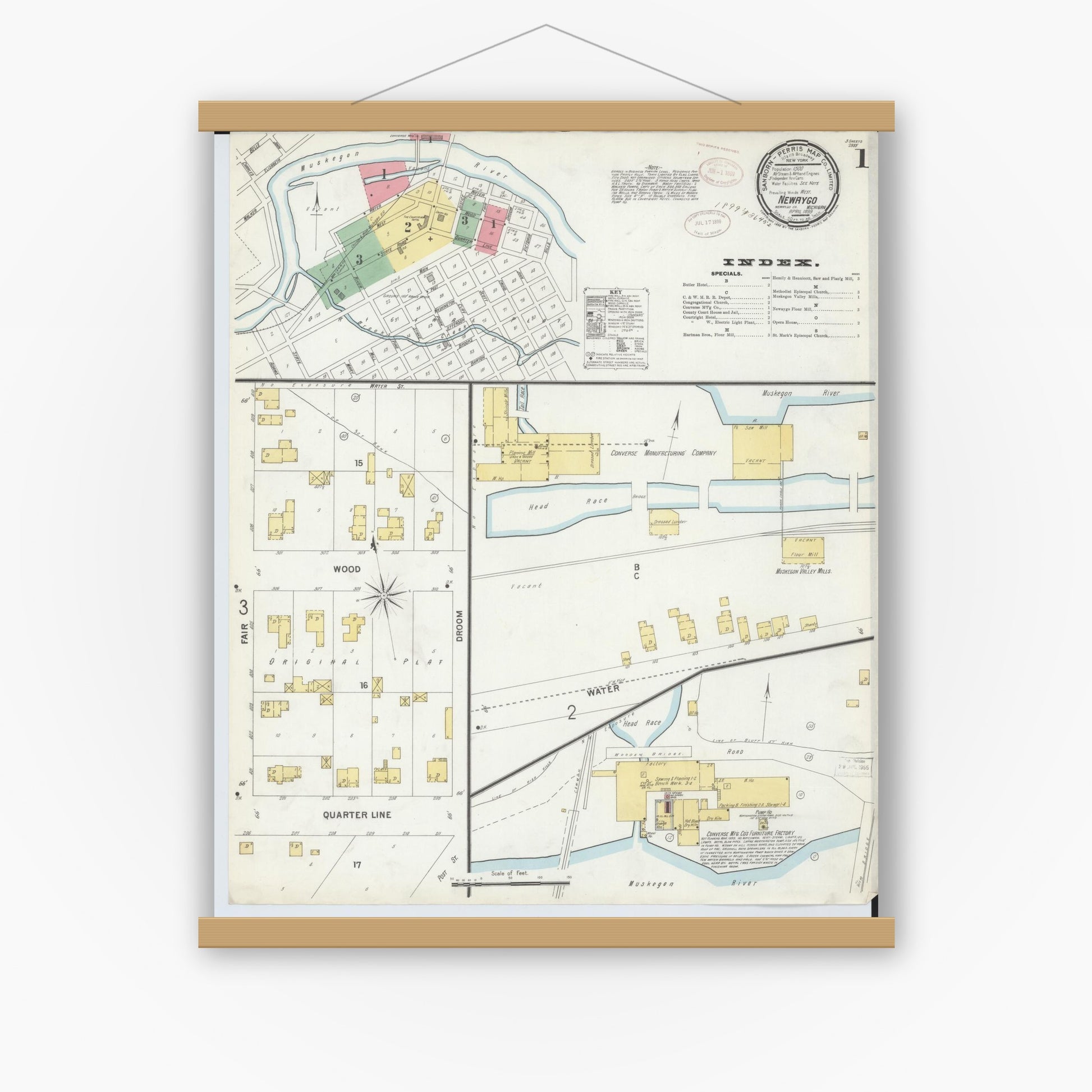 Old map wall art mockup — magnetic wood frame on white wall — Sanborn Fire Insurance Map from Newaygo, Newaygo County, Michigan (1899) - Complete Map Set