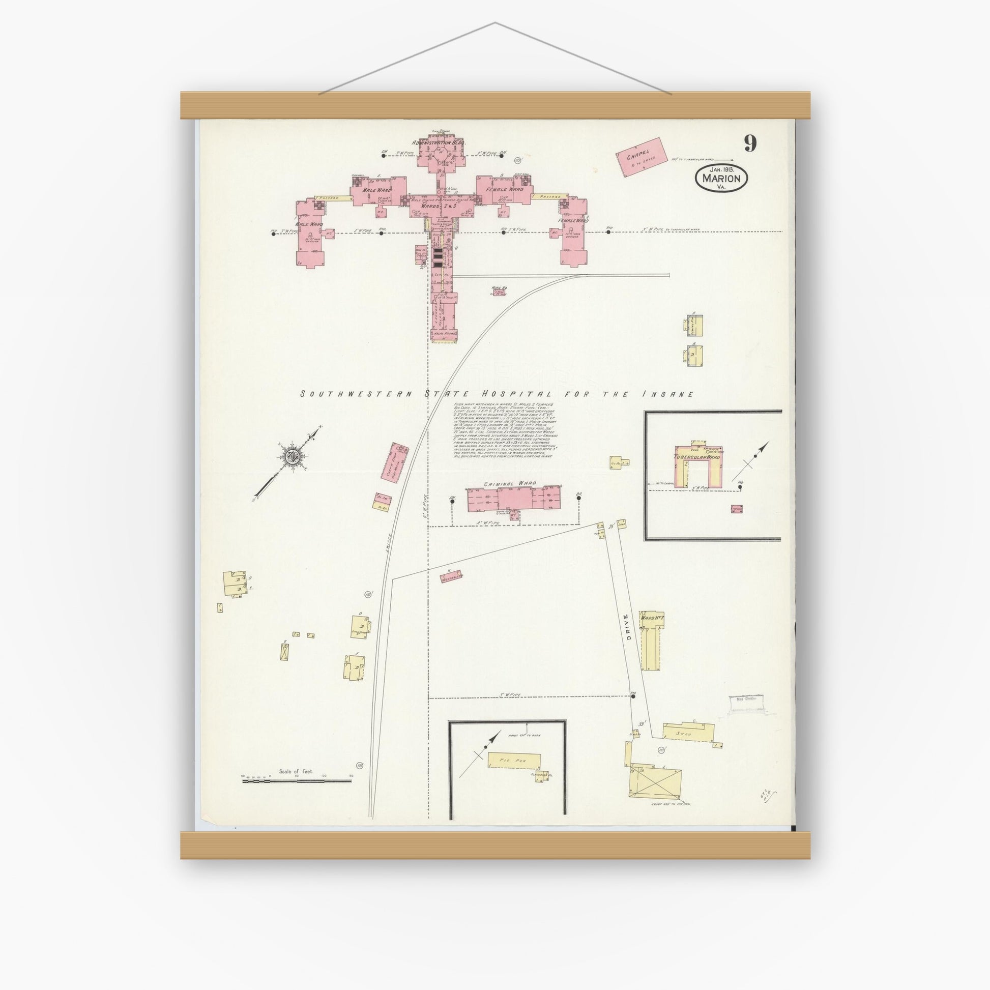 Old map wall art mockup — magnetic wood frame on white wall — Sanborn Fire Insurance Map from Marion, Smyth County, Virginia (1913), Sheet #0009