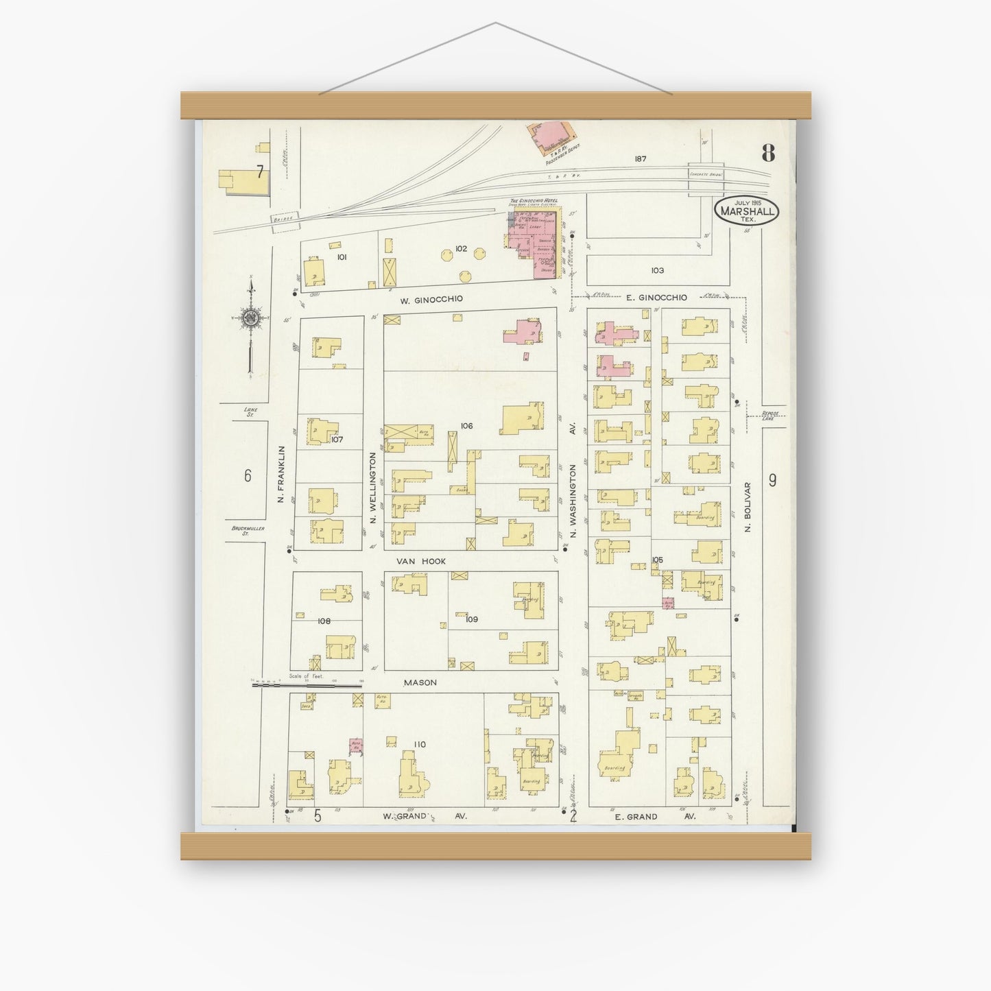 Old map wall art mockup — magnetic wood frame on white wall — Sanborn Fire Insurance Map from Marshall, Harrison County, Texas (1915), Sheet #0008