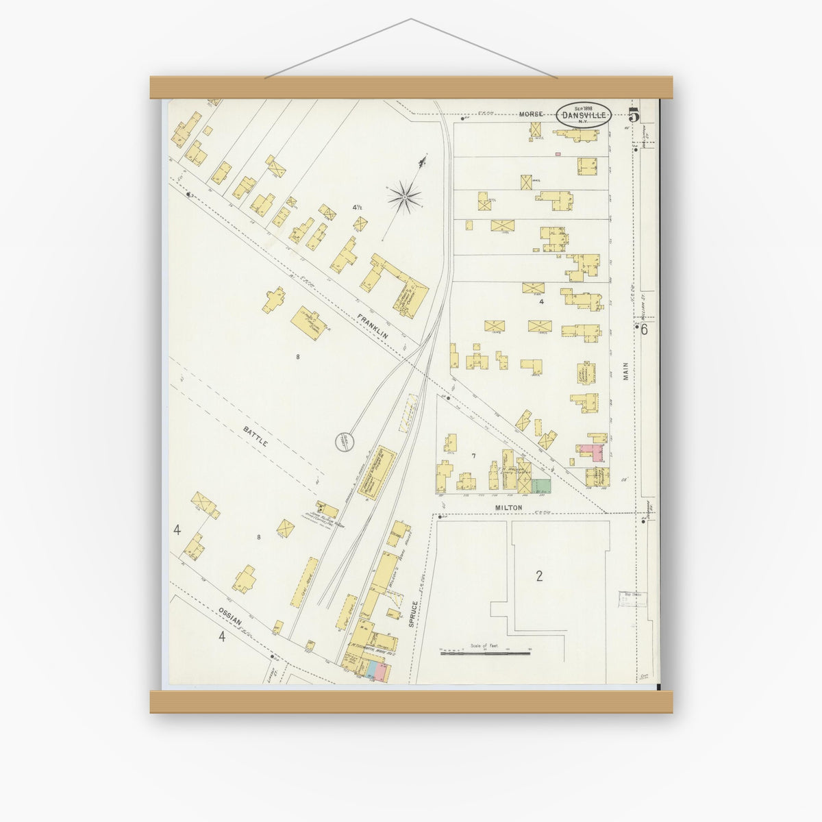 Old map wall art mockup — magnetic wood frame on white wall — Sanborn Fire Insurance Map from Dansville, Livingston County, New York (1898), Sheet #0005