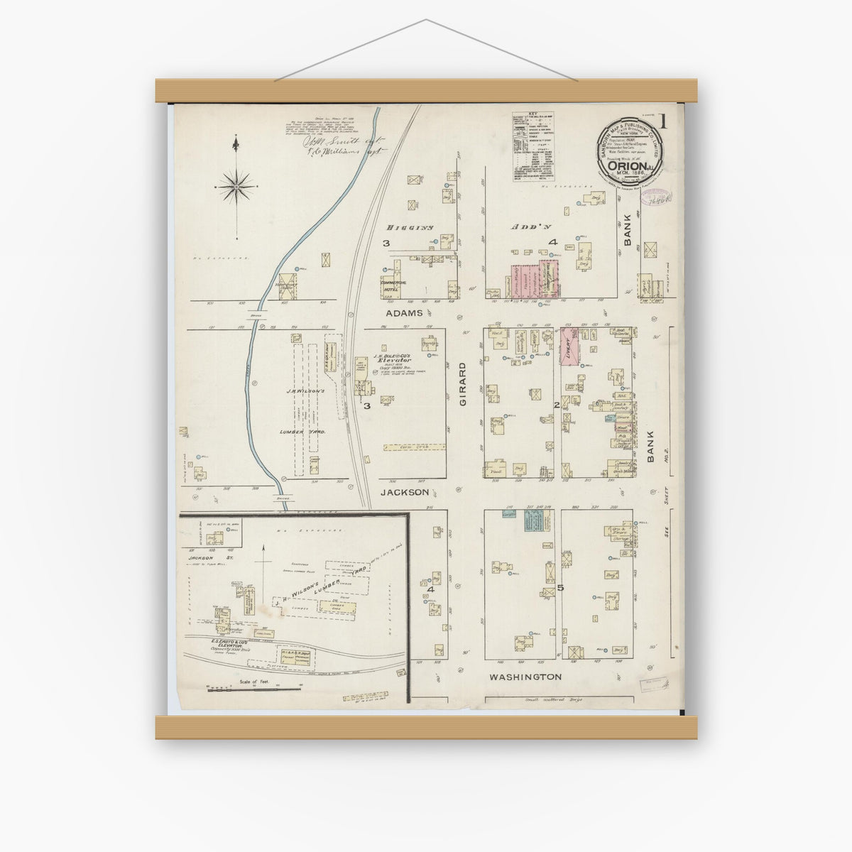 Old map wall art mockup — magnetic wood frame on white wall — Sanborn Fire Insurance Map from Orion, Henry County, Illinois (1886) - Complete Map Set