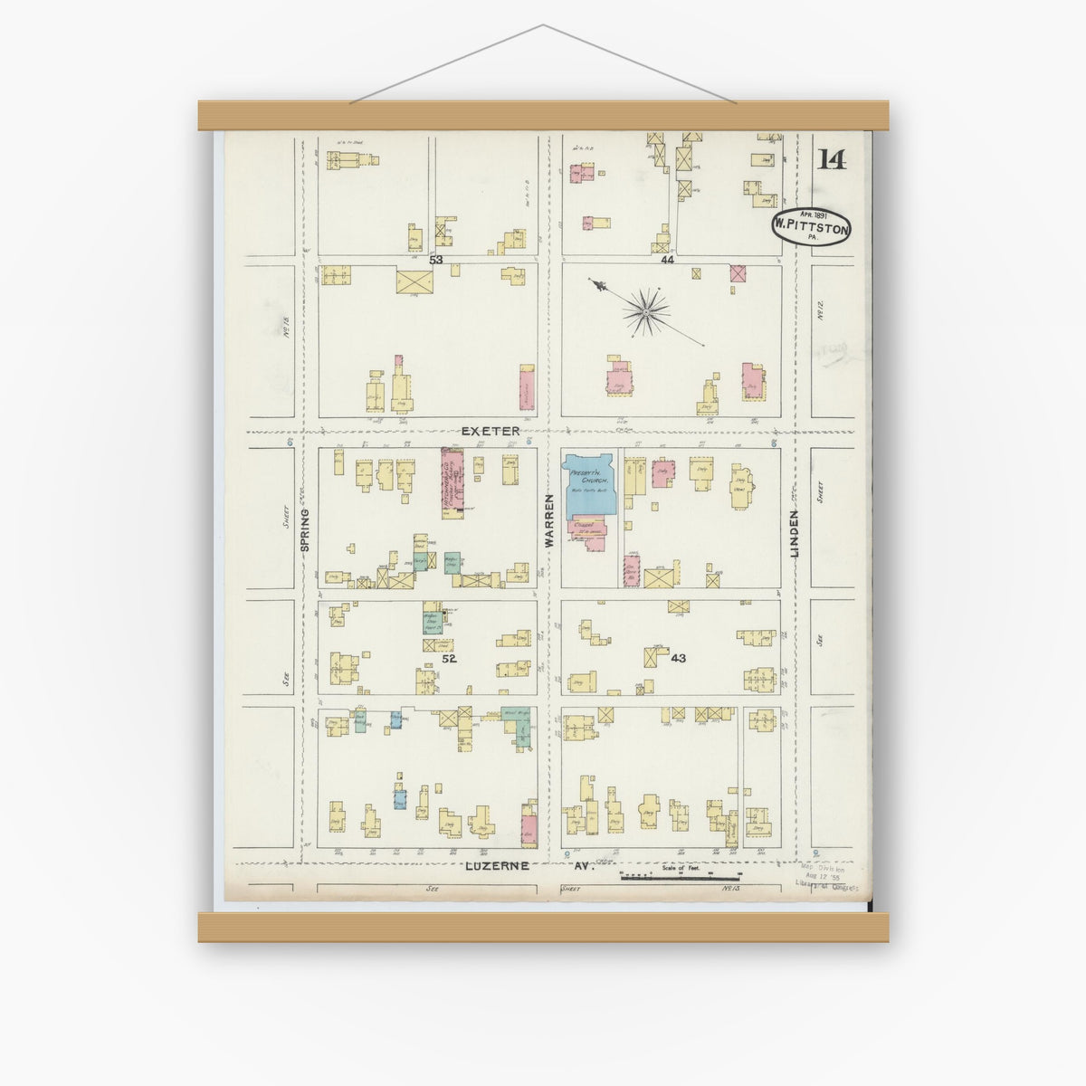 Old map wall art mockup — magnetic wood frame on white wall — Sanborn Fire Insurance Map from Pittston, Luzerne County, Pennsylvania (1891), Sheet #0014