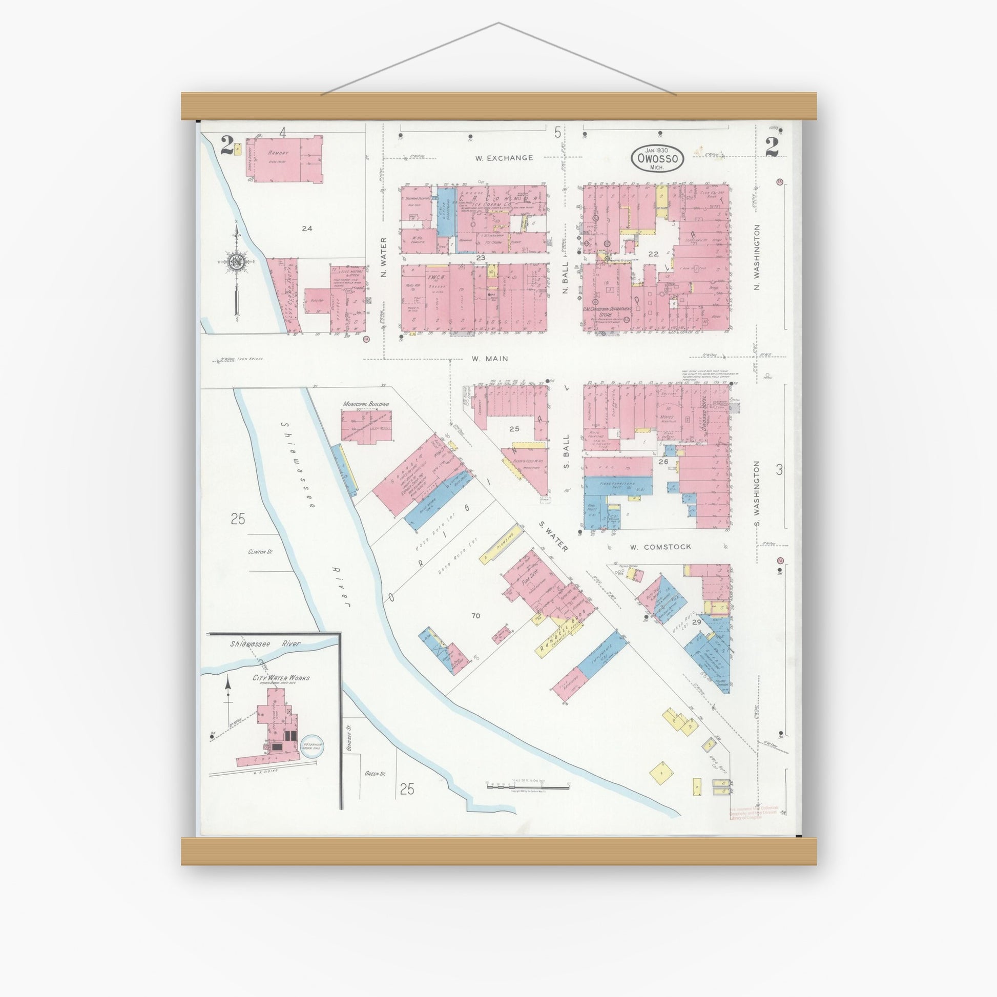 Old map wall art mockup — magnetic wood frame on white wall — Sanborn Fire Insurance Map from Owosso, Shiawassee County, Michigan (1930), Sheet #0002
