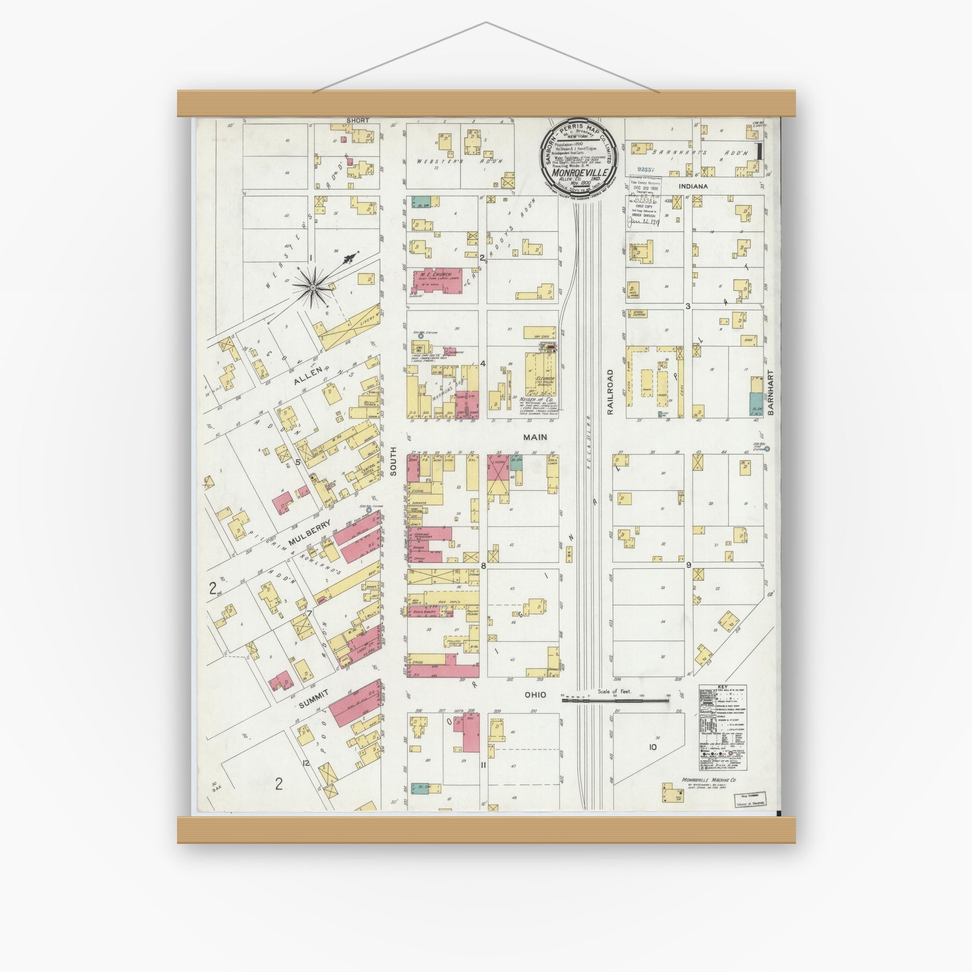 Old map wall art mockup — magnetic wood frame on white wall — Sanborn Fire Insurance Map from Monroeville, Allen County, Indiana (1900) - Complete Map Set