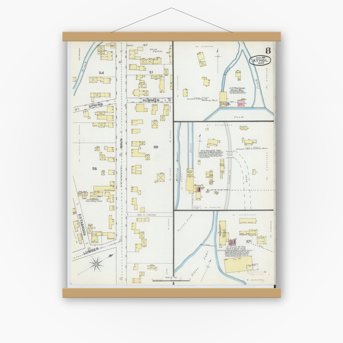 Old map wall art mockup — magnetic wood frame on white wall — Sanborn Fire Insurance Map from Athol, Worcester County, Massachusetts (1892), Sheet #0008
