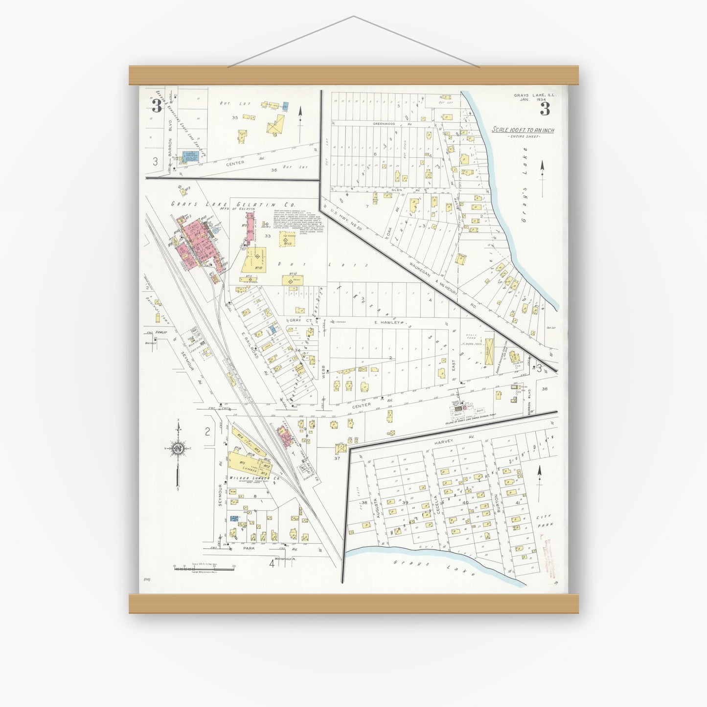 Old map wall art mockup — magnetic wood frame on white wall — Sanborn Fire Insurance Map from Grays Lake, Lake County, Illinois (1934), Sheet #0003