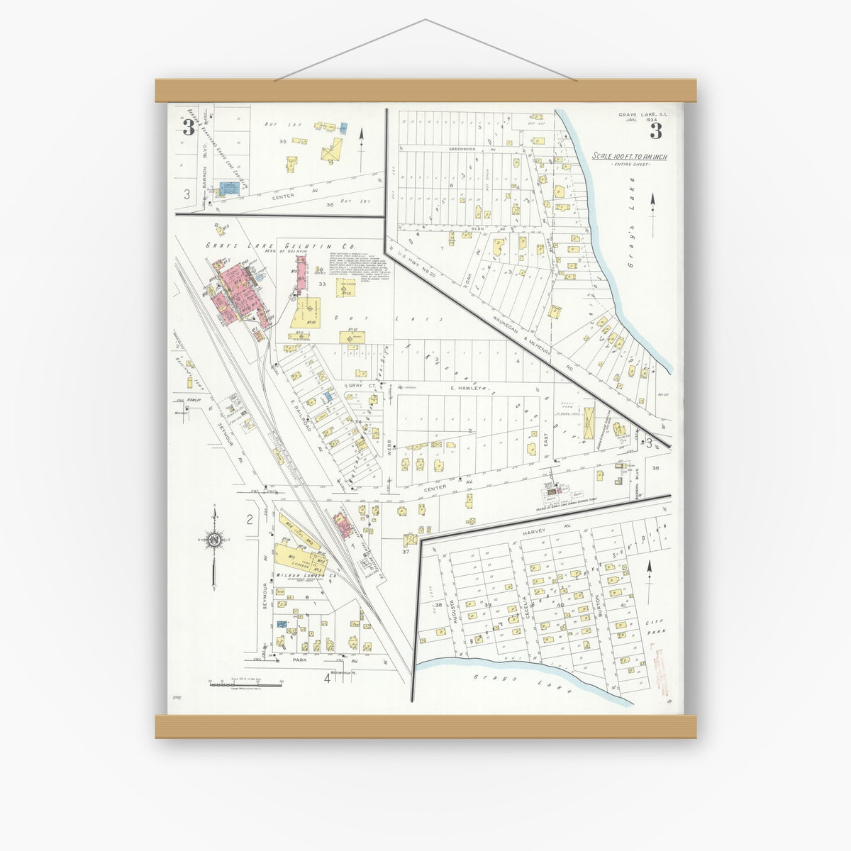 Old map wall art mockup — magnetic wood frame on white wall — Sanborn Fire Insurance Map from Grays Lake, Lake County, Illinois (1934), Sheet #0003