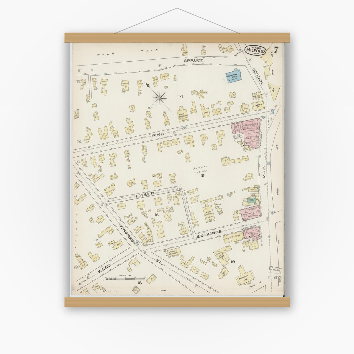 Old map wall art mockup — magnetic wood frame on white wall — Sanborn Fire Insurance Map from Milford, Worcester County, Massachusetts (1885), Sheet #0007