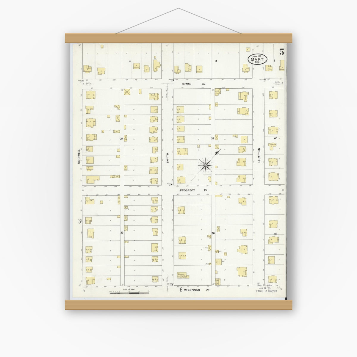 Old map wall art mockup — magnetic wood frame on white wall — Sanborn Fire Insurance Map from Mart, McLennan County, Texas (1909), Sheet #0005