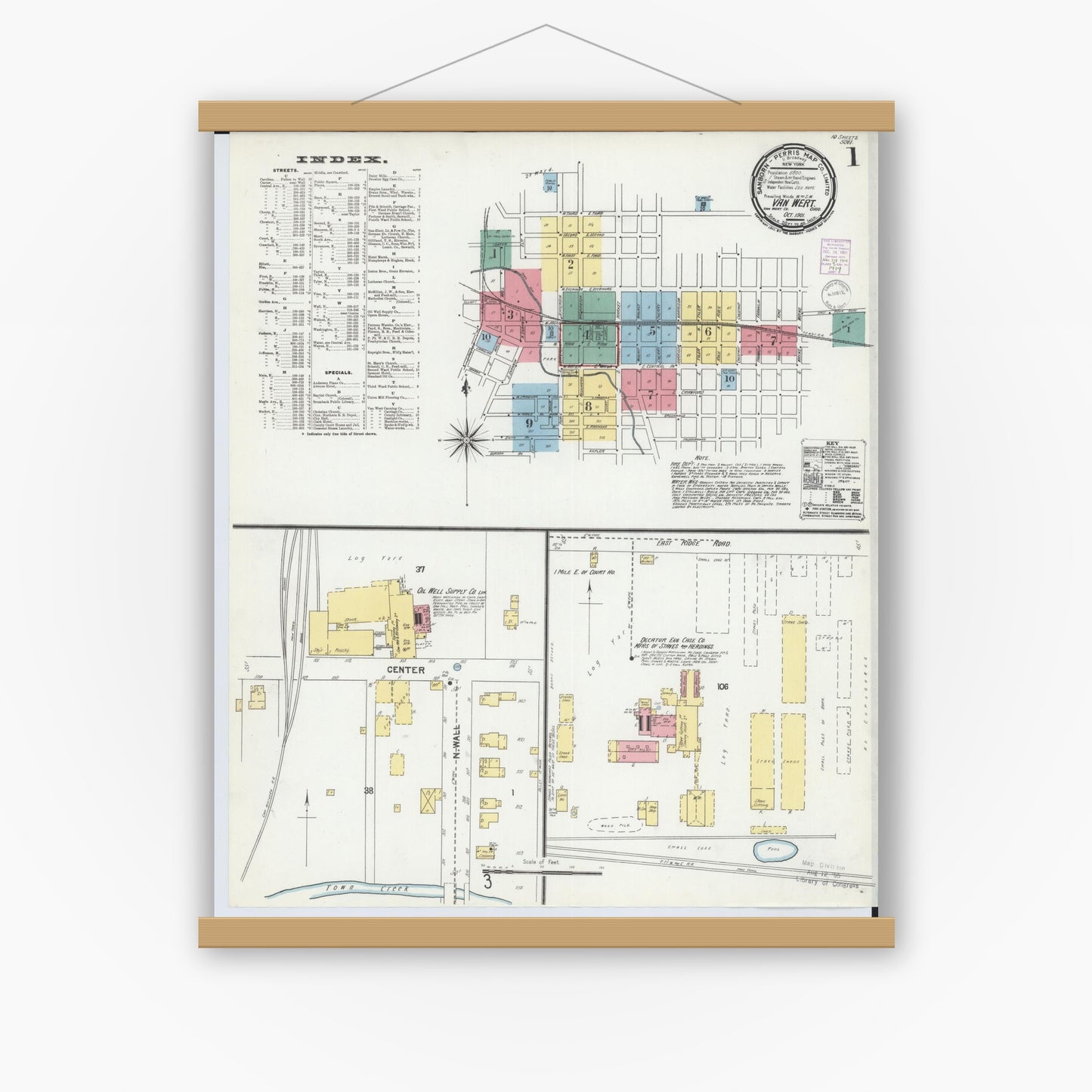 Old map wall art mockup — magnetic wood frame on white wall — Sanborn Fire Insurance Map from Van Wert, Van Wert County, Ohio (1901), Sheet #0001