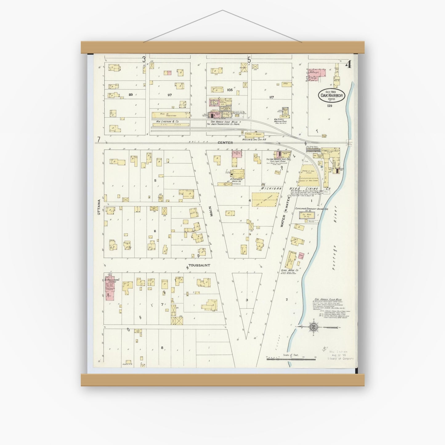 Old map wall art mockup — magnetic wood frame on white wall — Sanborn Fire Insurance Map from Oak Harbor, Ottawa County, Ohio (1910), Sheet #0004