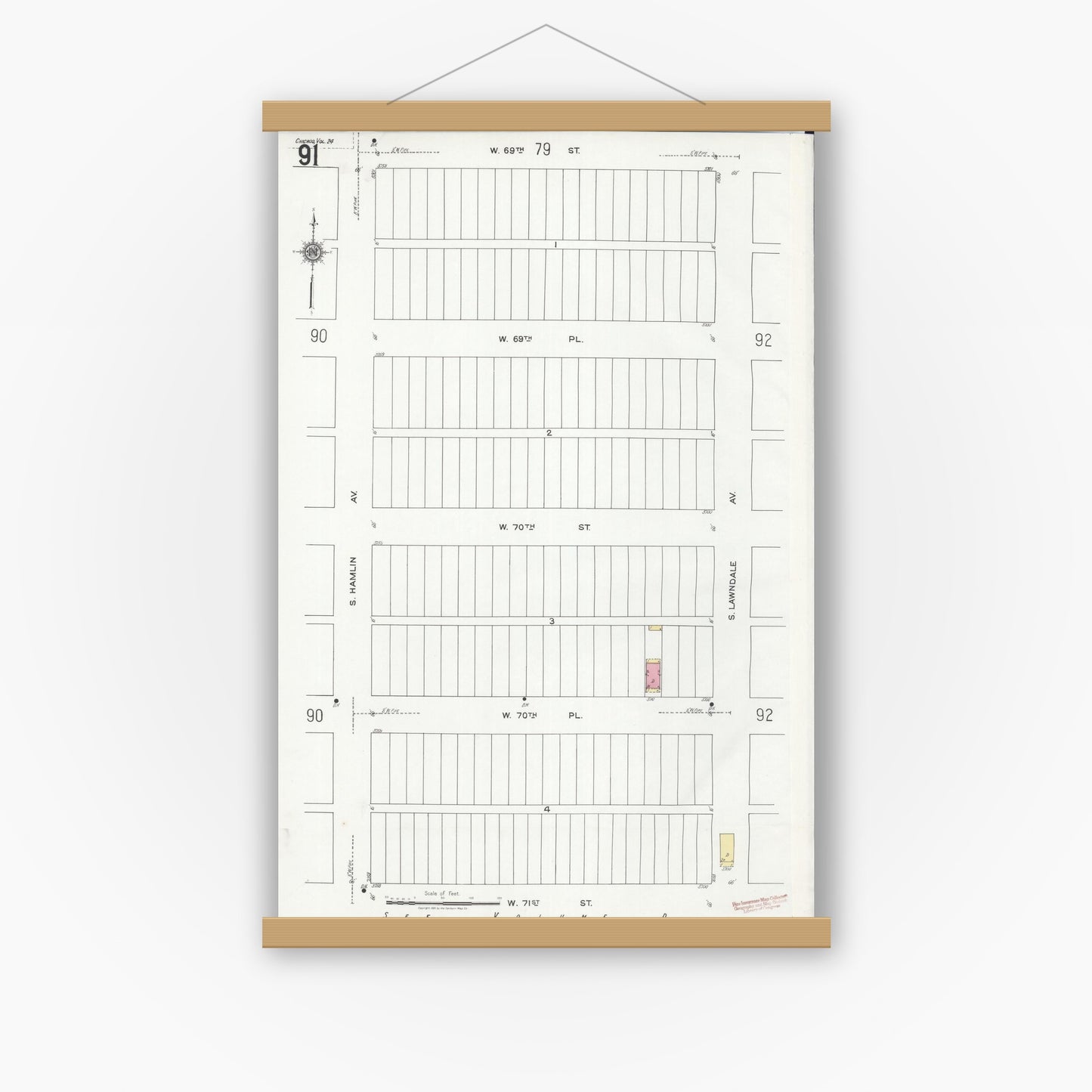 Old map wall art mockup — magnetic wood frame on white wall — Sanborn Fire Insurance Map from Chicago, Cook County, Illinois (1920), Sheet #0091