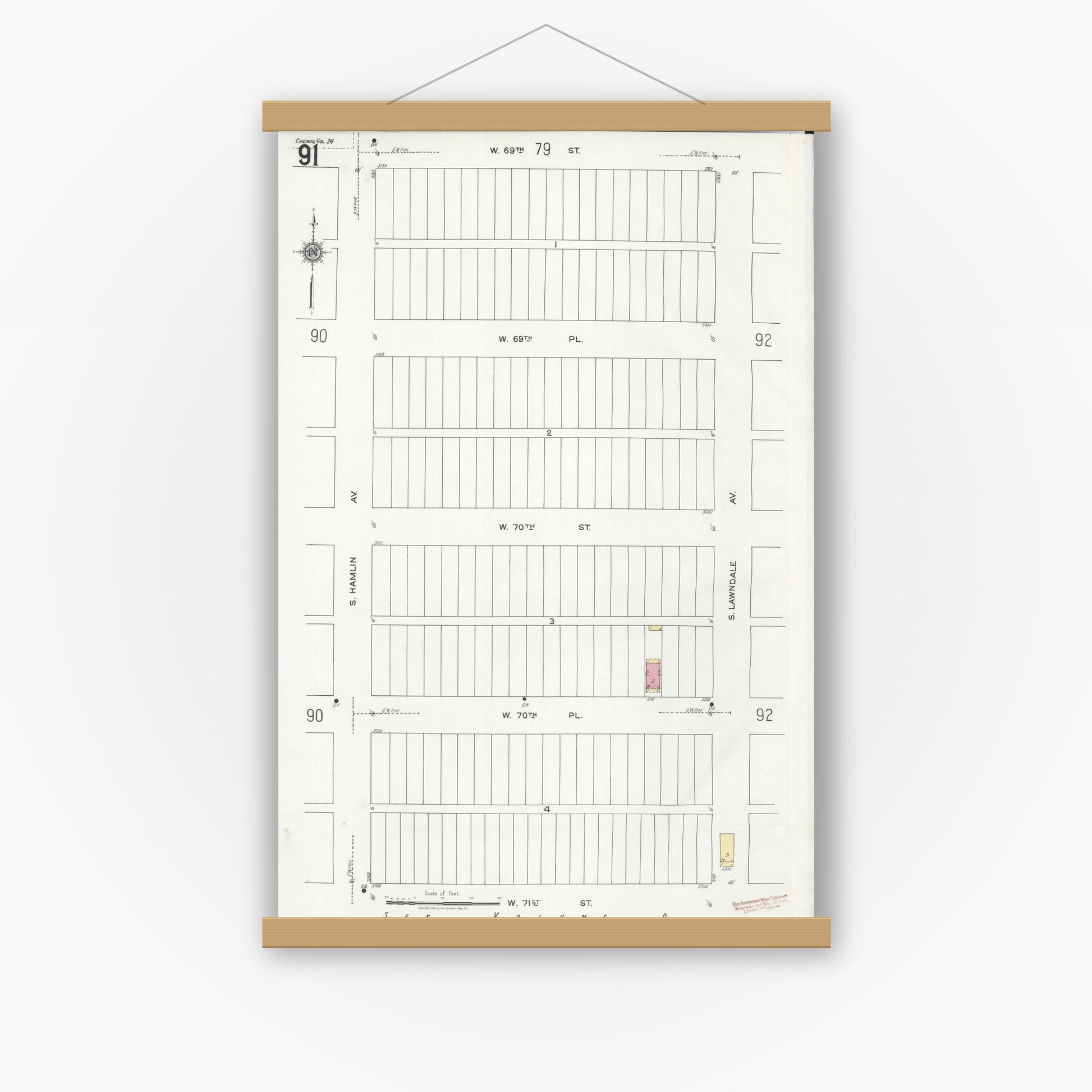 Old map wall art mockup — magnetic wood frame on white wall — Sanborn Fire Insurance Map from Chicago, Cook County, Illinois (1920), Sheet #0091