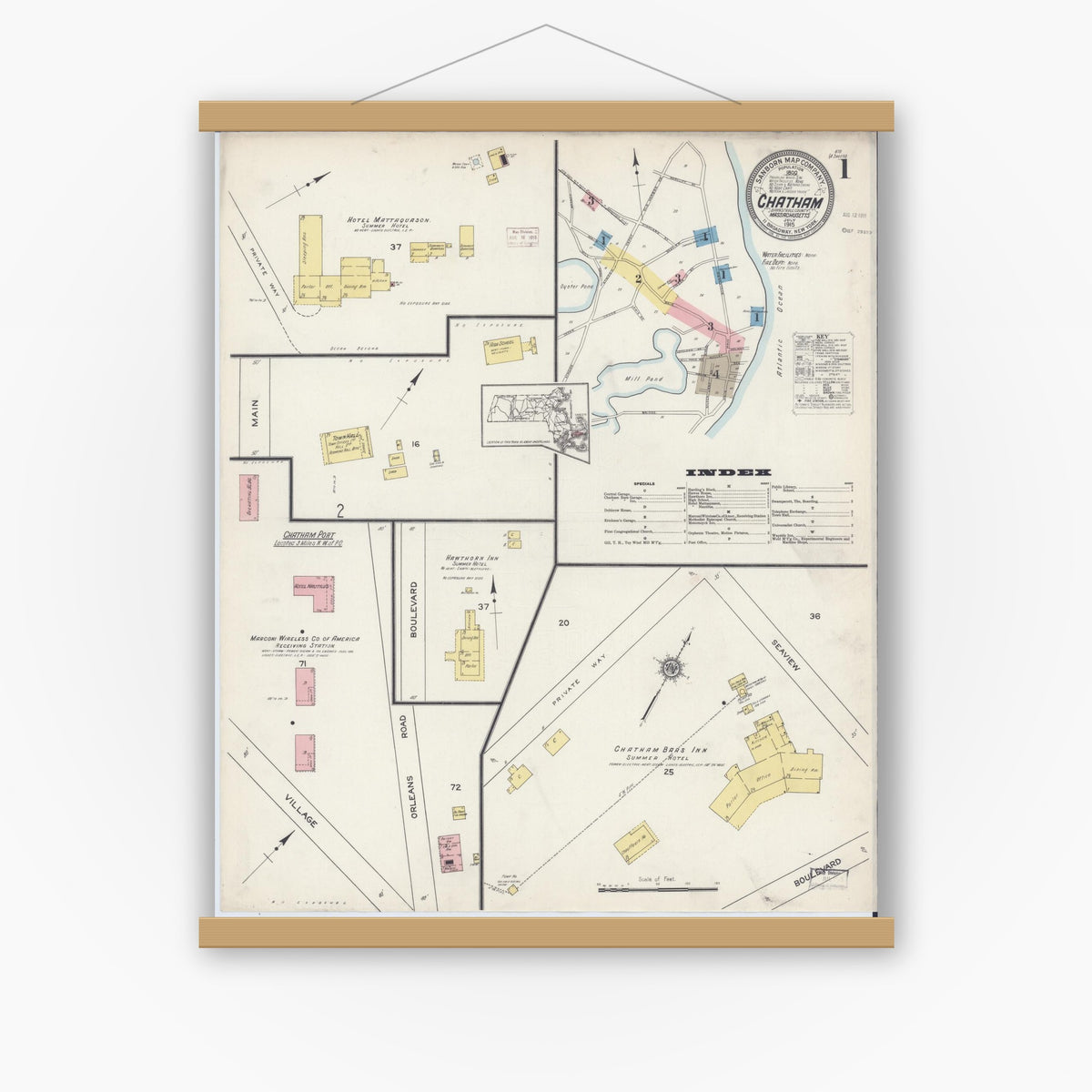 Old map wall art mockup — magnetic wood frame on white wall — Sanborn Fire Insurance Map from Chatham, Barnstable County, Massachusetts (1915) - Complete Map Set