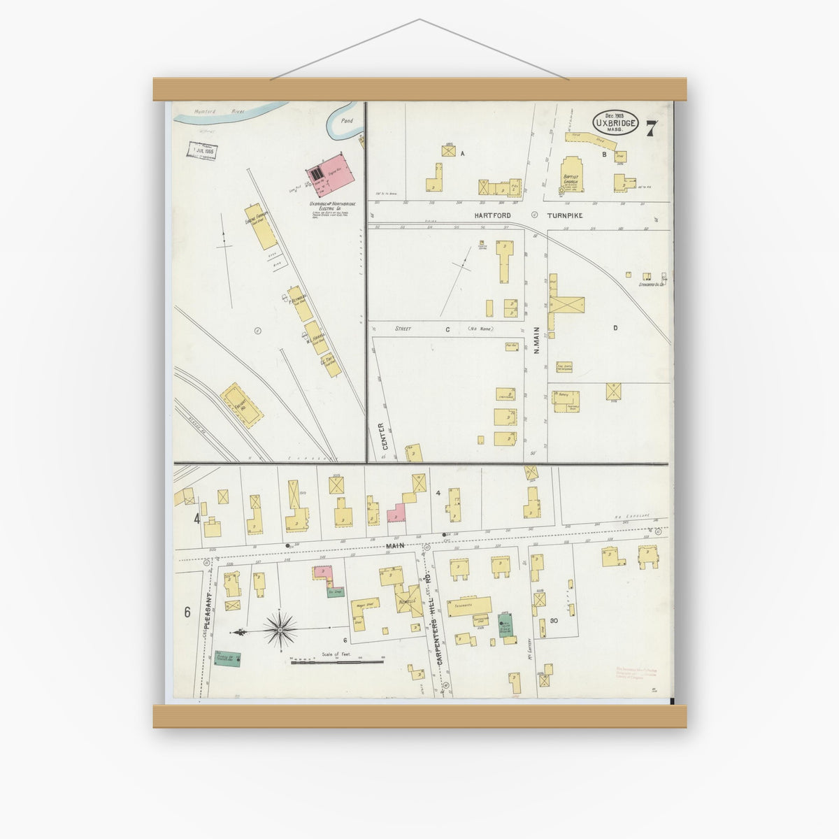Old map wall art mockup — magnetic wood frame on white wall — Sanborn Fire Insurance Map from Uxbridge, Worcester County, Massachusetts (1903), Sheet #0007
