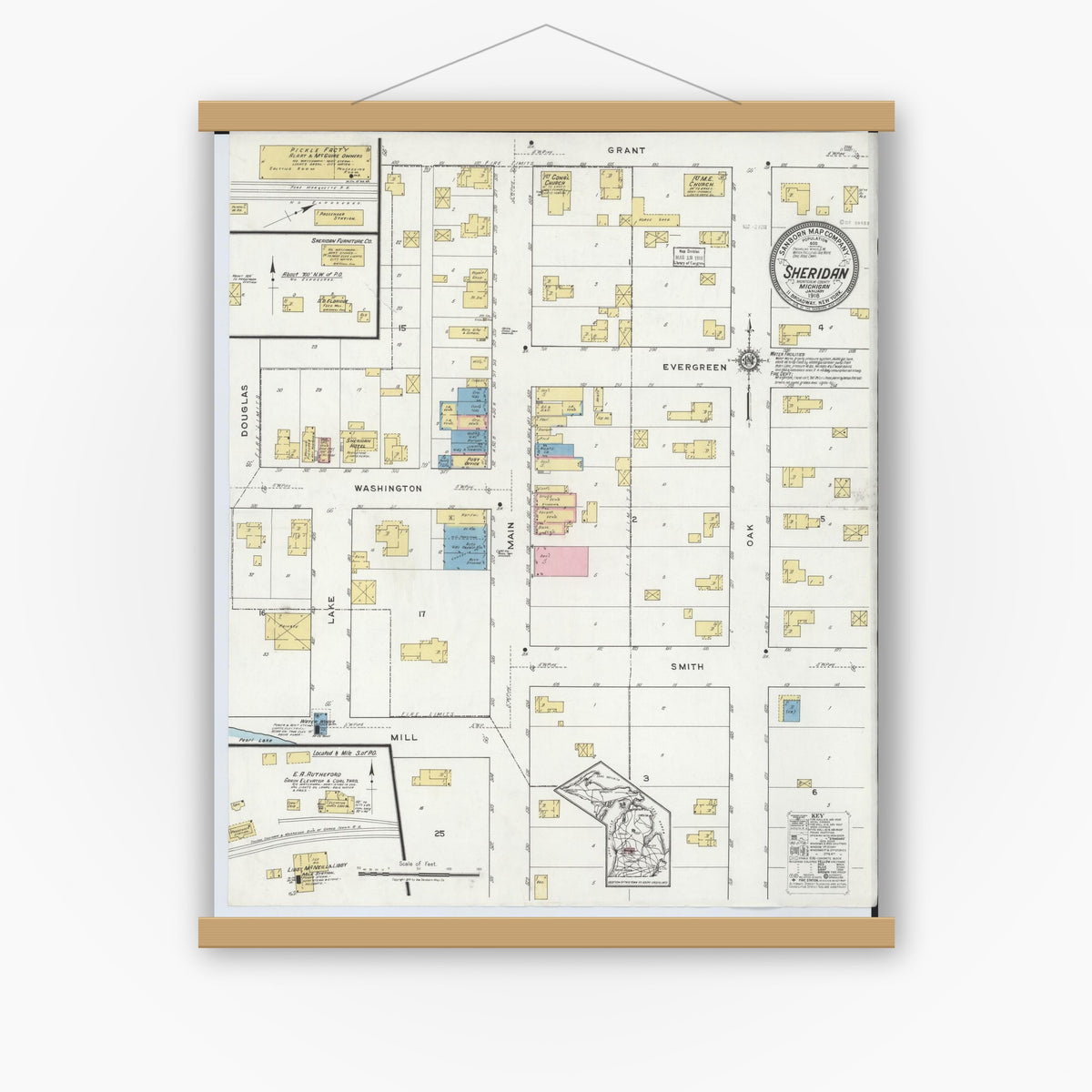 Old map wall art mockup — magnetic wood frame on white wall — Sanborn Fire Insurance Map from Sheridan, Montcalm County, Michigan (1918), Sheet #0001