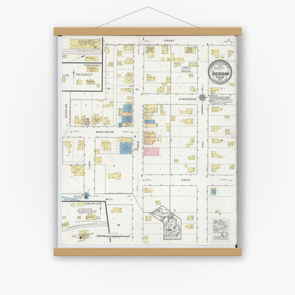 Old map wall art mockup — magnetic wood frame on white wall — Sanborn Fire Insurance Map from Sheridan, Montcalm County, Michigan (1918), Sheet #0001