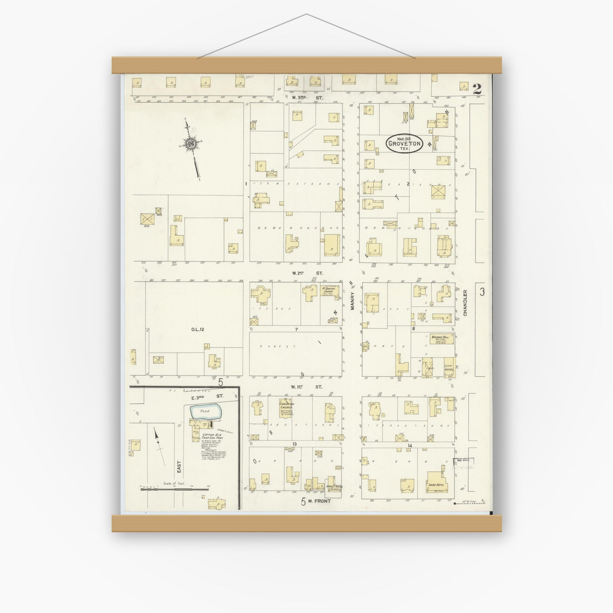 Old map wall art mockup — magnetic wood frame on white wall — Sanborn Fire Insurance Map from Groveton, Trinity County, Texas (1912), Sheet #0002