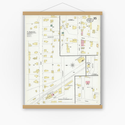 Old map wall art mockup — magnetic wood frame on white wall — Sanborn Fire Insurance Map from Hornell, Steuben County, New York (1909), Sheet #0035
