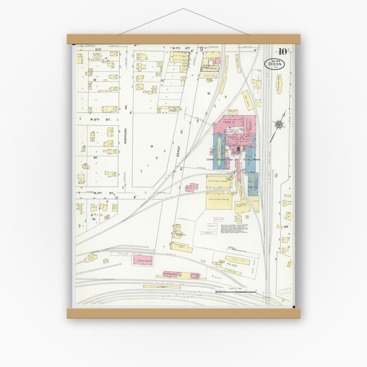 Old map wall art mockup — magnetic wood frame on white wall — Sanborn Fire Insurance Map from Dixon, Lee County, Illinois (1910), Sheet #0010