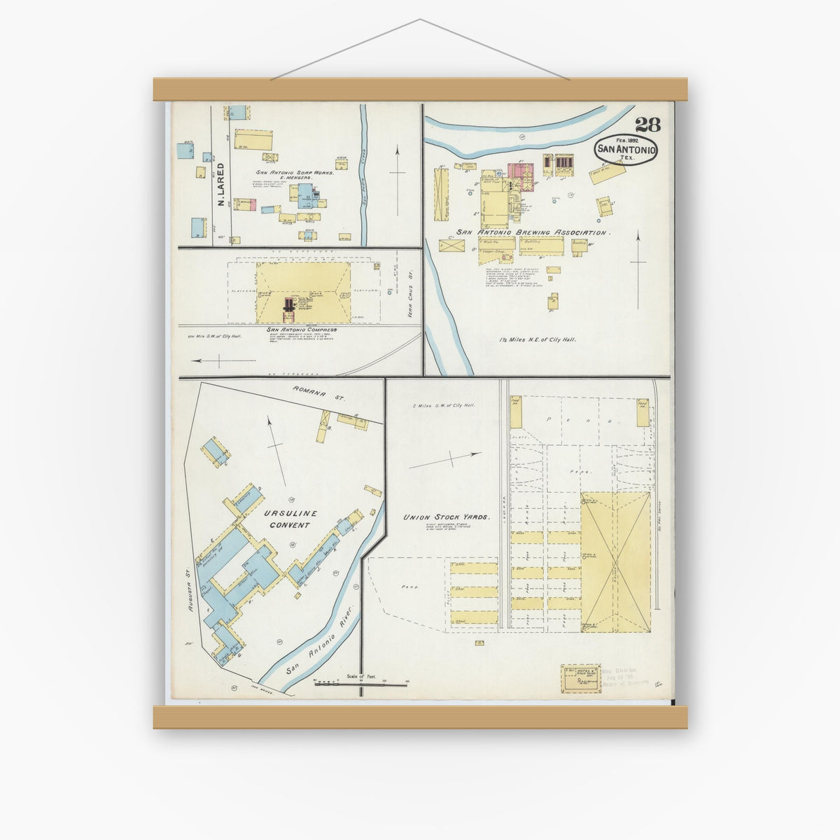 Old map wall art mockup — magnetic wood frame on white wall — Sanborn Fire Insurance Map from San Antonio, Bexar County, Texas (1892), Sheet #0028