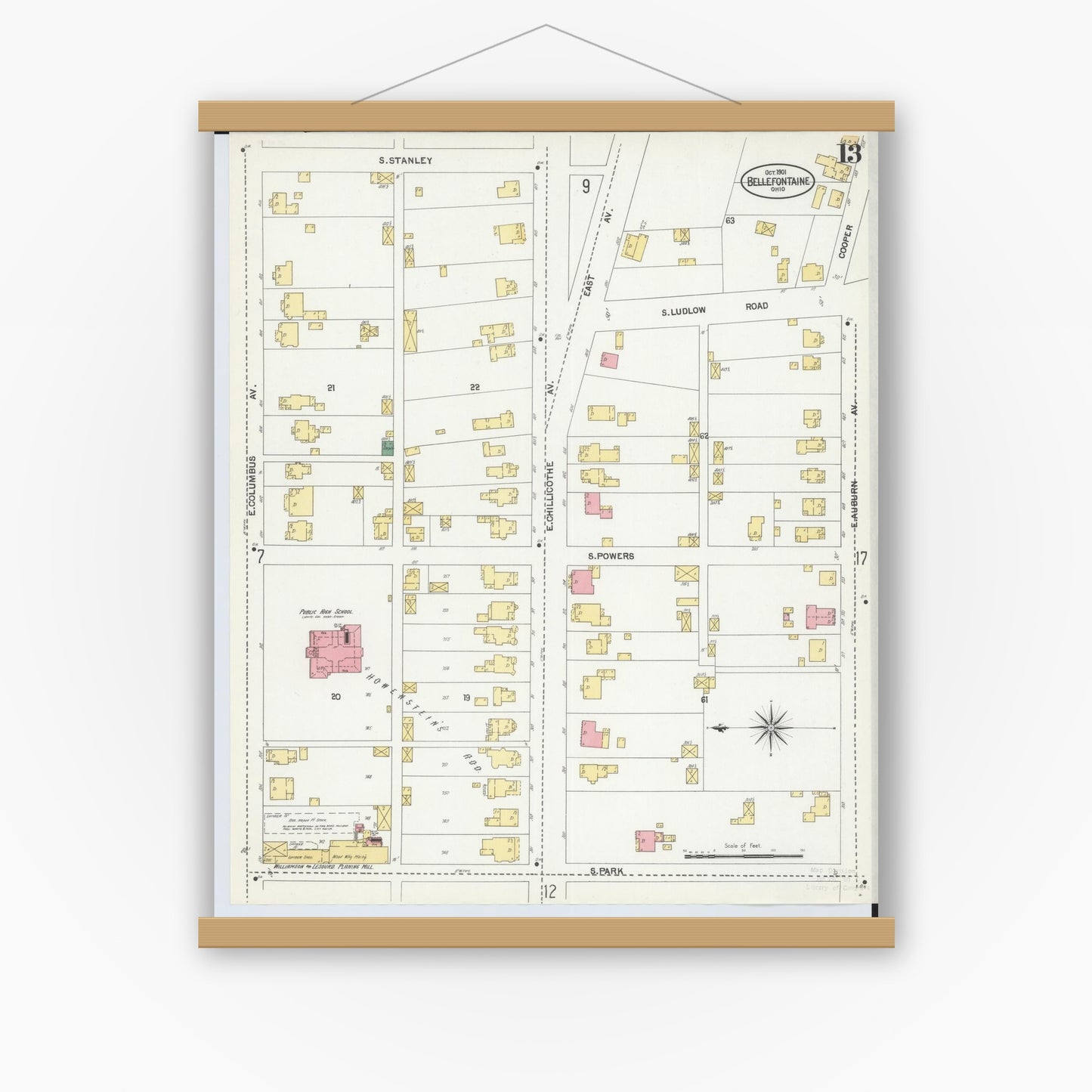 Old map wall art mockup — magnetic wood frame on white wall — Sanborn Fire Insurance Map from Bellefontaine, Logan County, Ohio (1901), Sheet #0013