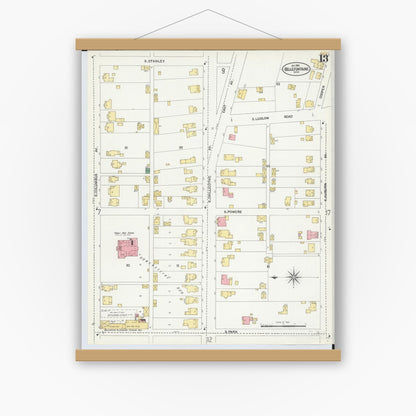 Old map wall art mockup — magnetic wood frame on white wall — Sanborn Fire Insurance Map from Bellefontaine, Logan County, Ohio (1901), Sheet #0013