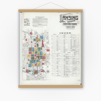 Old map wall art mockup — magnetic wood frame on white wall — Sanborn Fire Insurance Map from Lansing, Ingham County, Michigan (1906), Sheet #0001