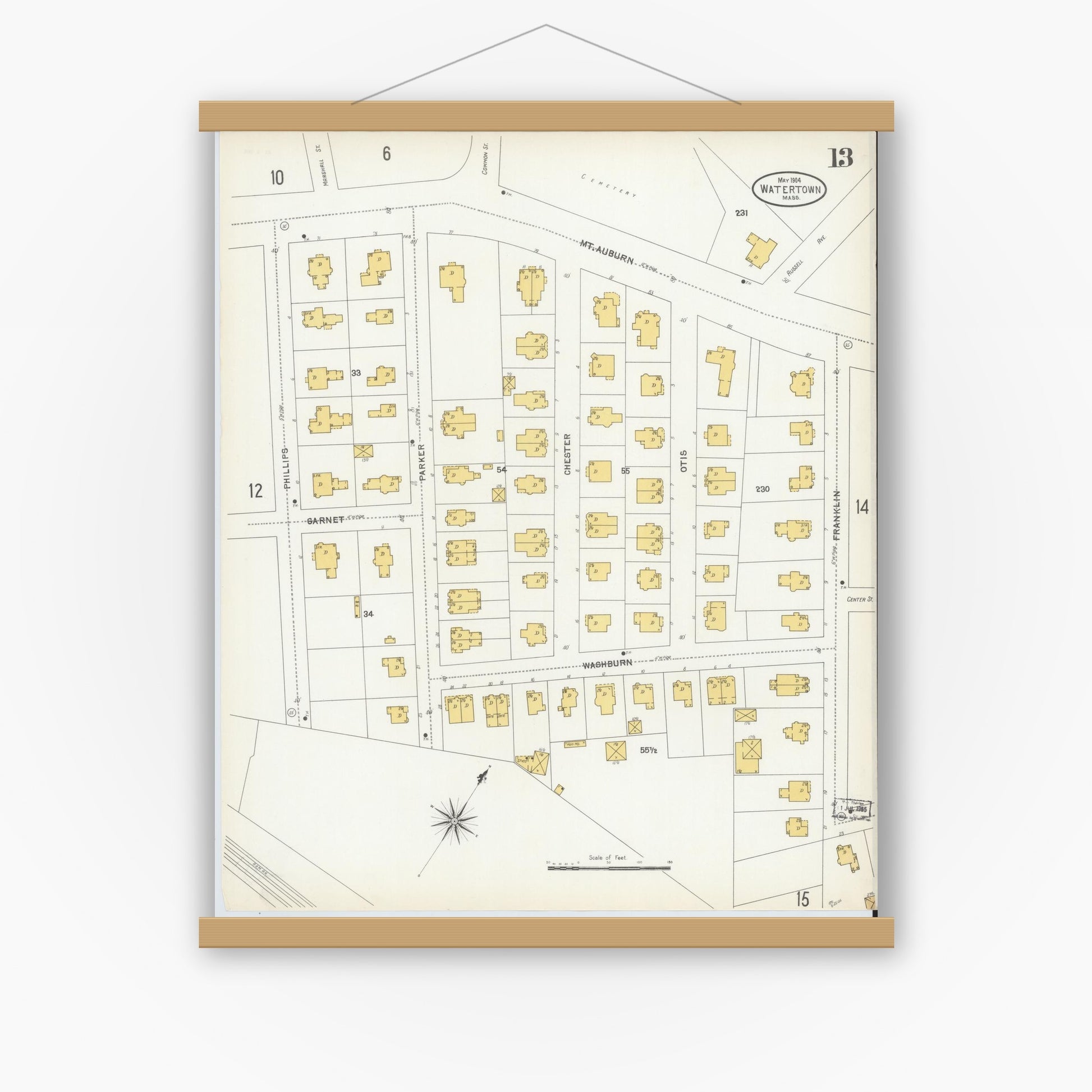 Old map wall art mockup — magnetic wood frame on white wall — Sanborn Fire Insurance Map from Watertown, Middlesex County, Massachusetts (1904), Sheet #0013