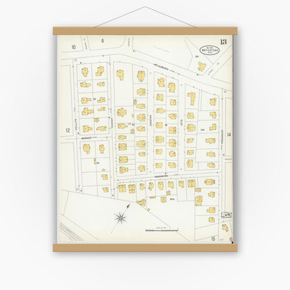 Old map wall art mockup — magnetic wood frame on white wall — Sanborn Fire Insurance Map from Watertown, Middlesex County, Massachusetts (1904), Sheet #0013