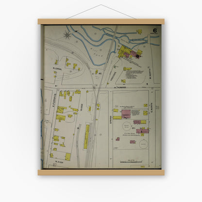 Old map wall art mockup — magnetic wood frame on white wall — Sanborn Fire Insurance Map from Akron, Summit County, Ohio (1892), Sheet #0006