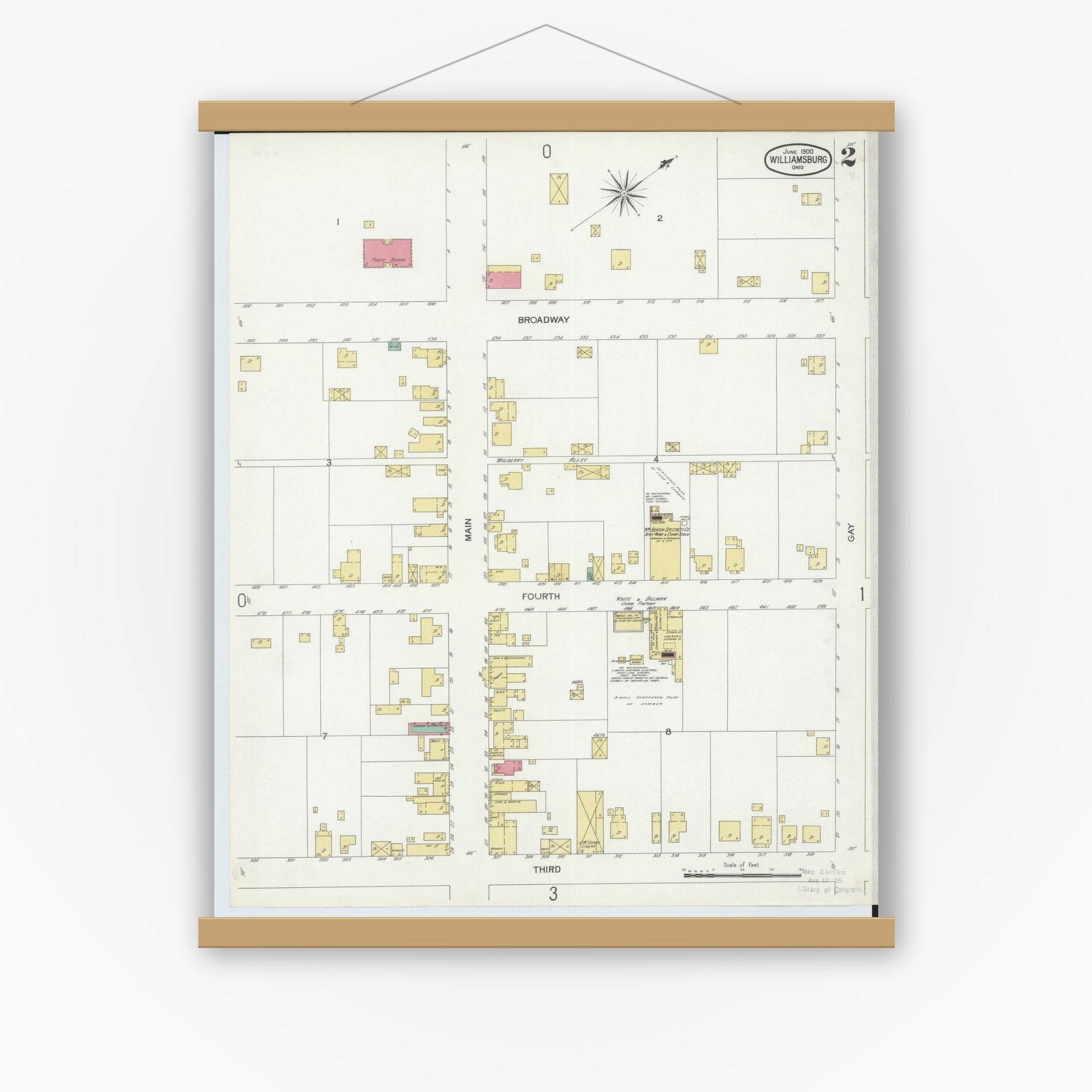 Old map wall art mockup — magnetic wood frame on white wall — Sanborn Fire Insurance Map from Williamsburg, Clermont County, Ohio (1900), Sheet #0002