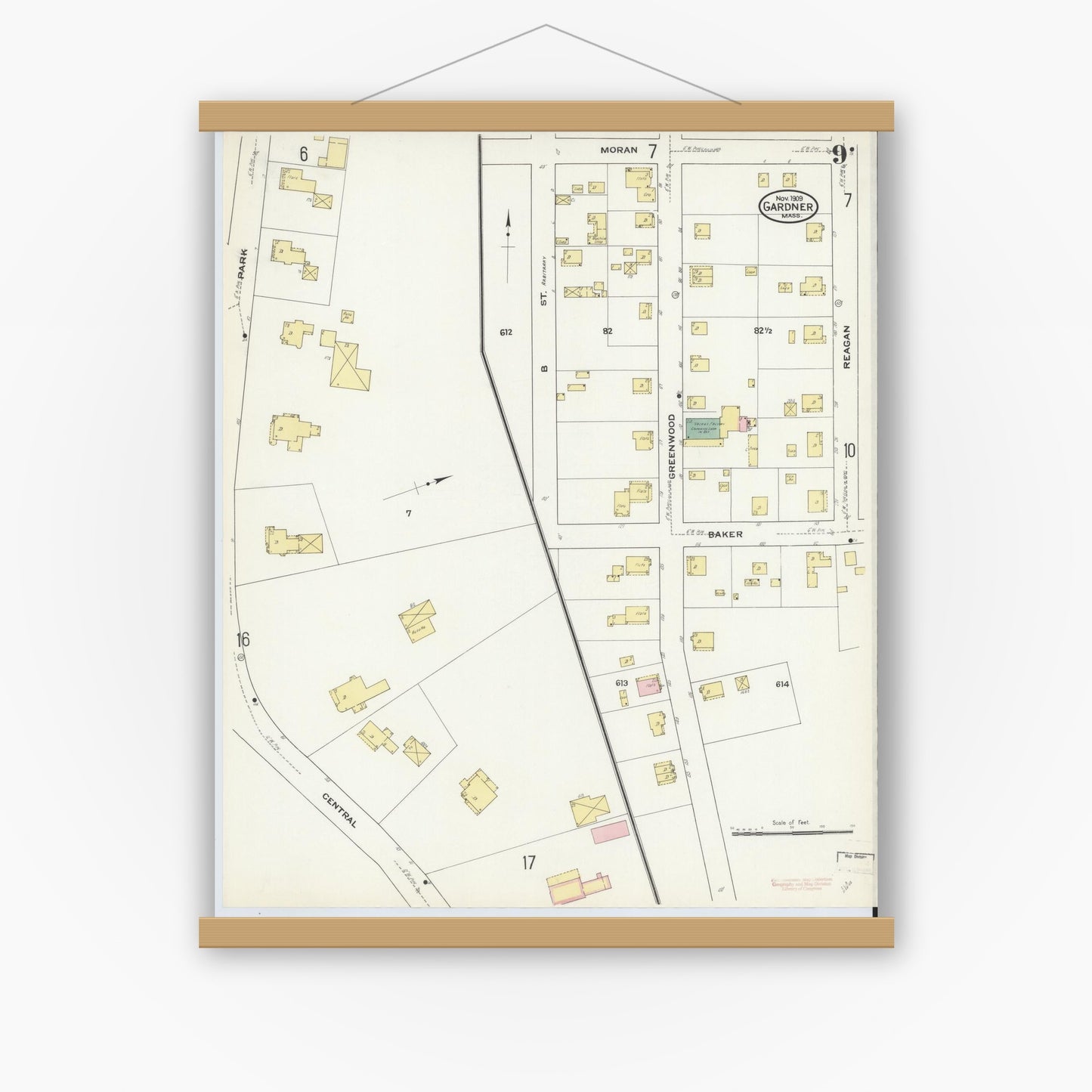 Old map wall art mockup — magnetic wood frame on white wall — Sanborn Fire Insurance Map from Gardner, Worcester County, Massachusetts (1909), Sheet #0009