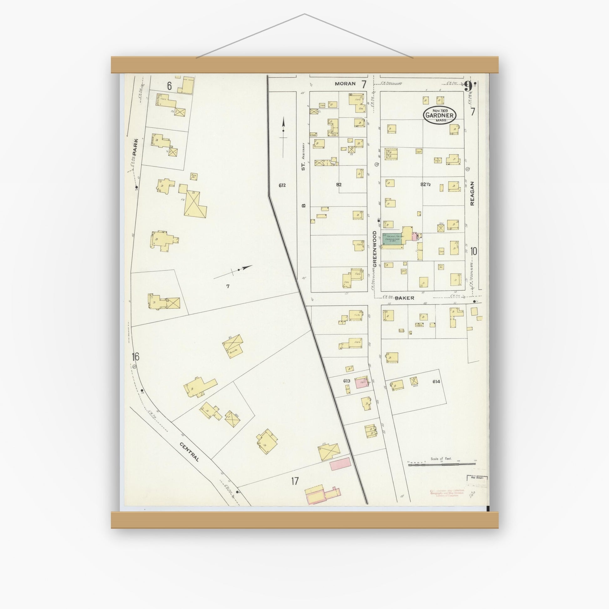 Old map wall art mockup — magnetic wood frame on white wall — Sanborn Fire Insurance Map from Gardner, Worcester County, Massachusetts (1909), Sheet #0009