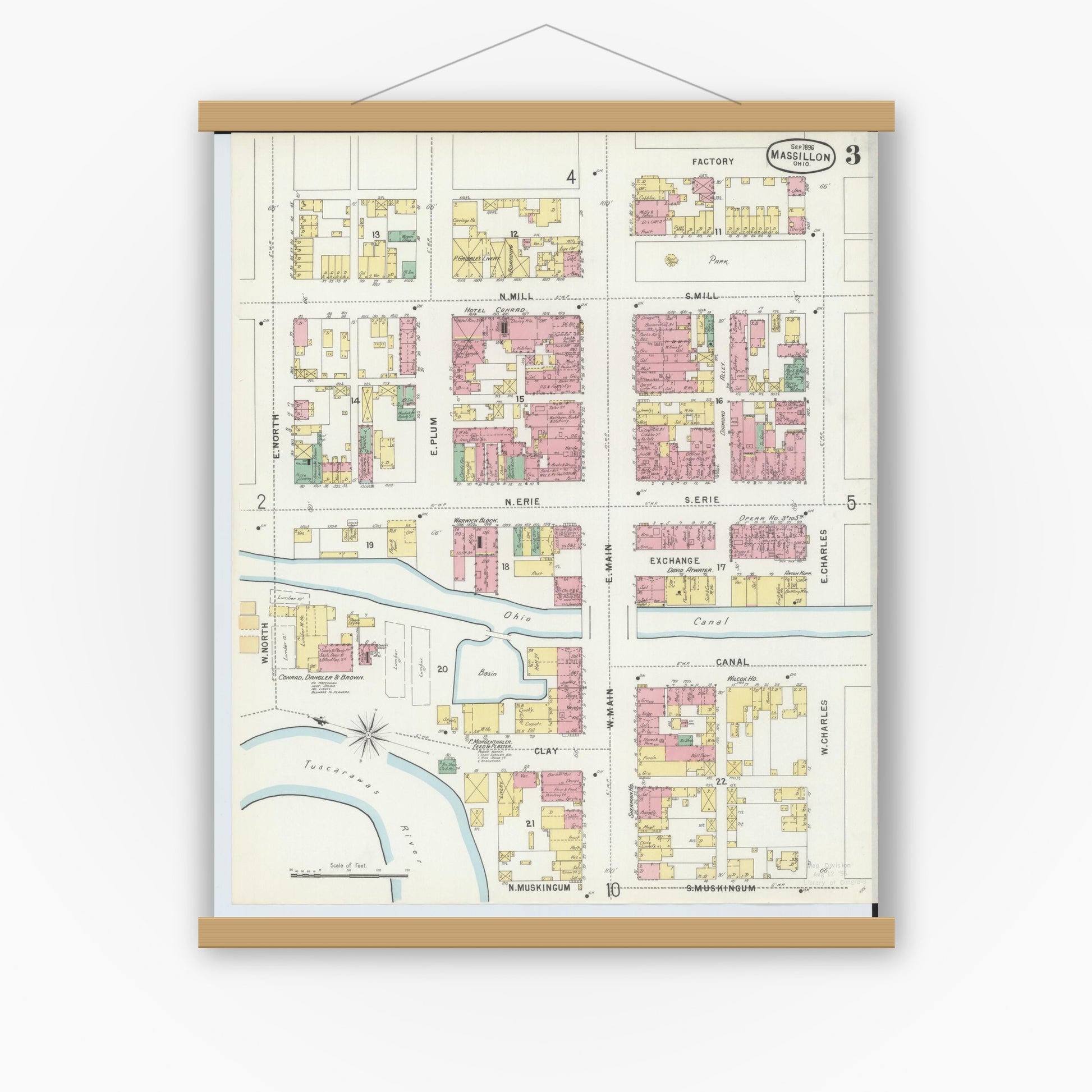 Old map wall art mockup — magnetic wood frame on white wall — Sanborn Fire Insurance Map from Massillon, Stark County, Ohio (1896), Sheet #0003
