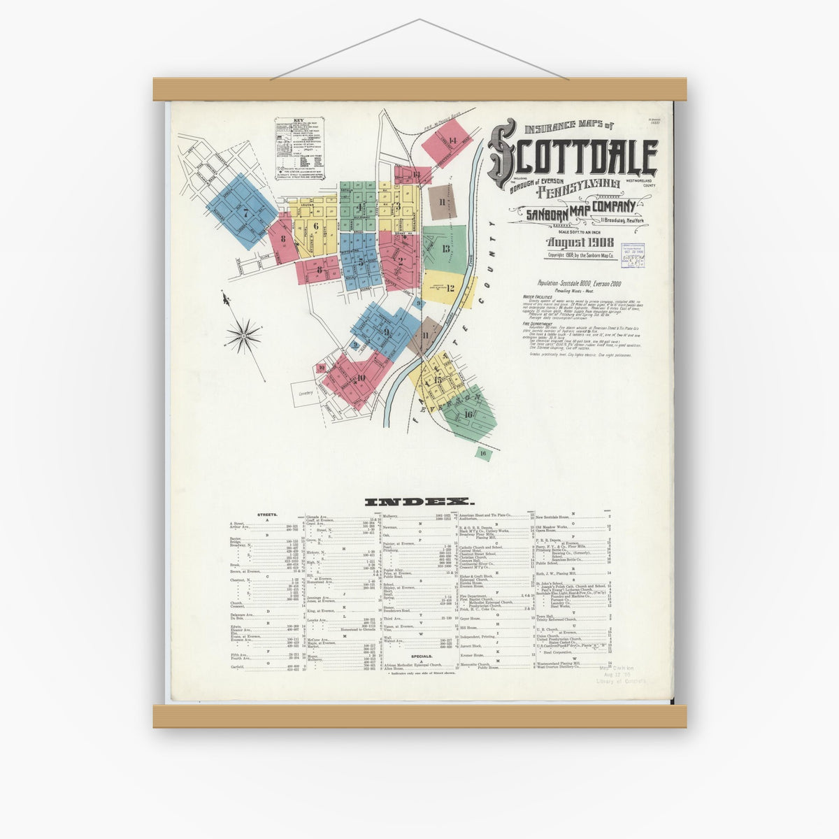 Old map wall art mockup — magnetic wood frame on white wall — Sanborn Fire Insurance Map from Scottdale, Westmoreland County, Pennsylvania (1908) - Complete Map Set