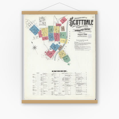Old map wall art mockup — magnetic wood frame on white wall — Sanborn Fire Insurance Map from Scottdale, Westmoreland County, Pennsylvania (1908) - Complete Map Set