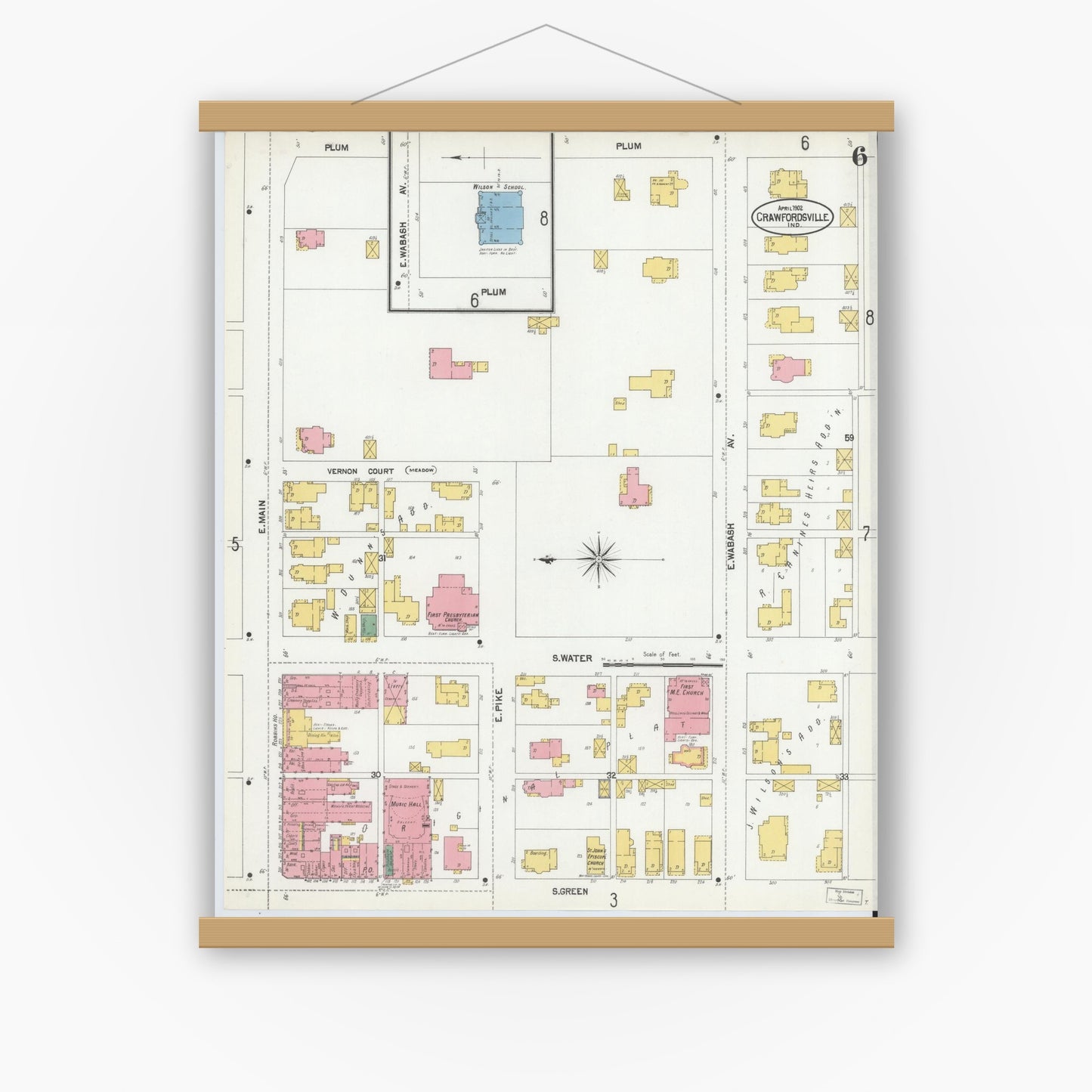 Old map wall art mockup — magnetic wood frame on white wall — Sanborn Fire Insurance Map from Crawfordsville, Montgomery County, Indiana (1902), Sheet #0006