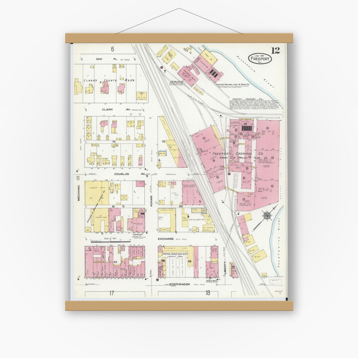 Old map wall art mockup — magnetic wood frame on white wall — Sanborn Fire Insurance Map from Freeport, Stephenson County, Illinois (1910), Sheet #0012