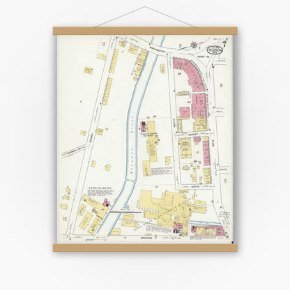 Old map wall art mockup — magnetic wood frame on white wall — Sanborn Fire Insurance Map from Hudson, Middlesex County, Massachusetts (1916), Sheet #0007
