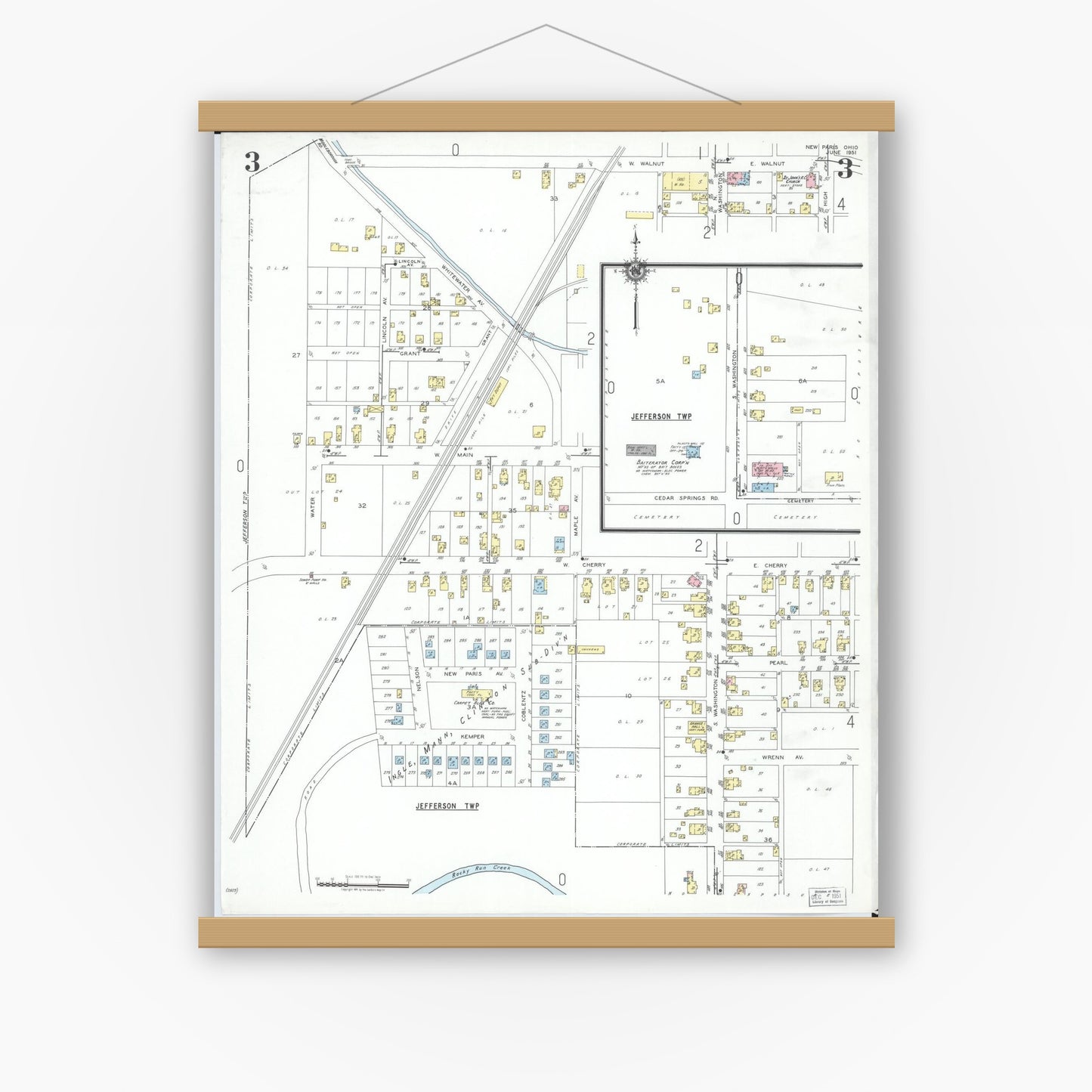 Old map wall art mockup — magnetic wood frame on white wall — Sanborn Fire Insurance Map from New Paris, Preble County, Ohio (1951), Sheet #0003